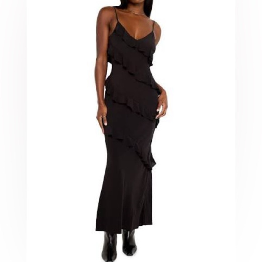 Good American spaghetti strap Bias Cut‎ Ruffle Chiffon maxi Slip dress in black